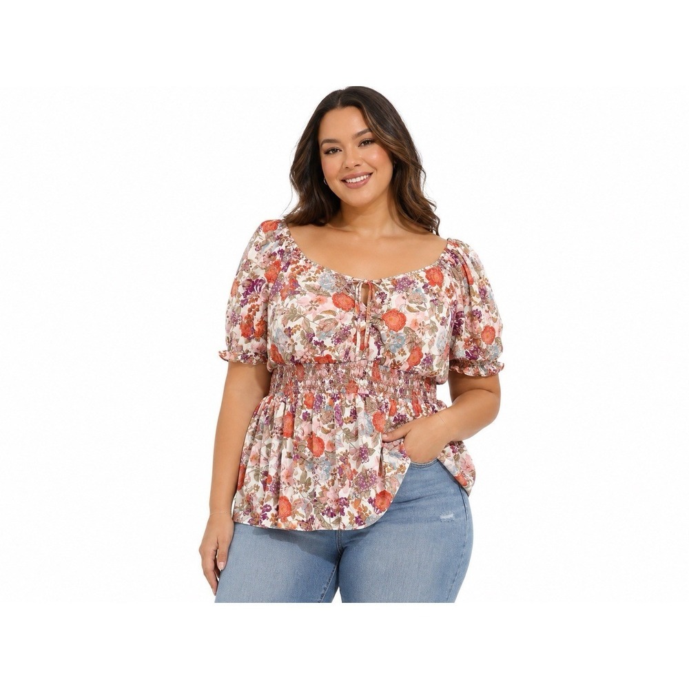 Torrid Sz 0 Orange Floral Smocked Waist Peplum Top Short Puff Sleeve Scoop Neck